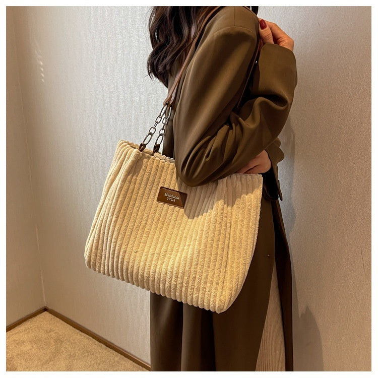 Retro Large Capacity Shoulder Bag Casual Simple Portable Shopper Tote Bag Corduroy Solid Commuter Zipper Women's Handbag