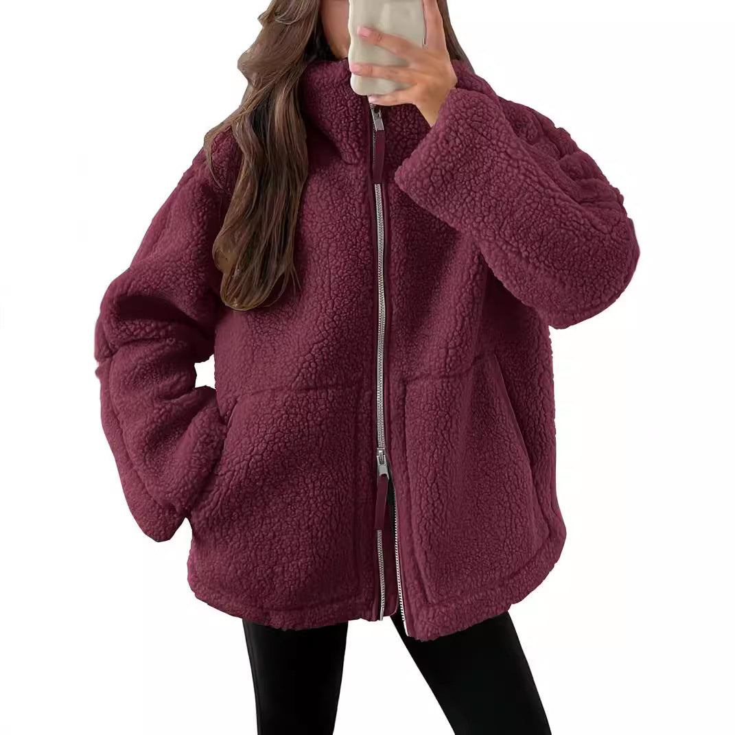 Winter Lapel Zip-up Coat With Pockets Casual Fashion Solid Fleece Jacket Fall Spring Long Sleeve Women Clothing