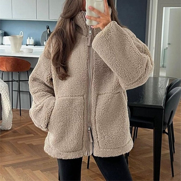 Winter Lapel Zip-up Coat With Pockets Casual Fashion Solid Fleece Jacket Fall Spring Long Sleeve Women Clothing