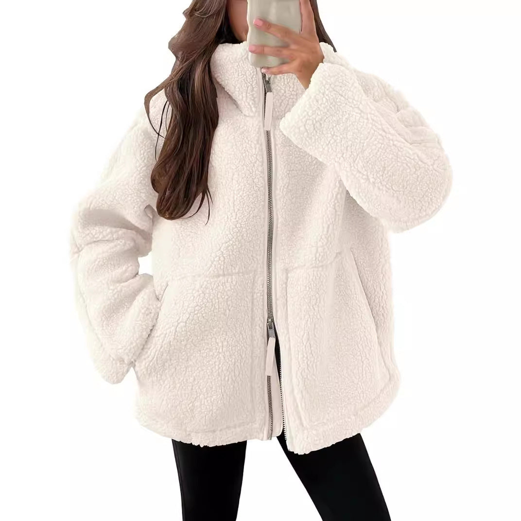 Winter Lapel Zip-up Coat With Pockets Casual Fashion Solid Fleece Jacket Fall Spring Long Sleeve Women Clothing