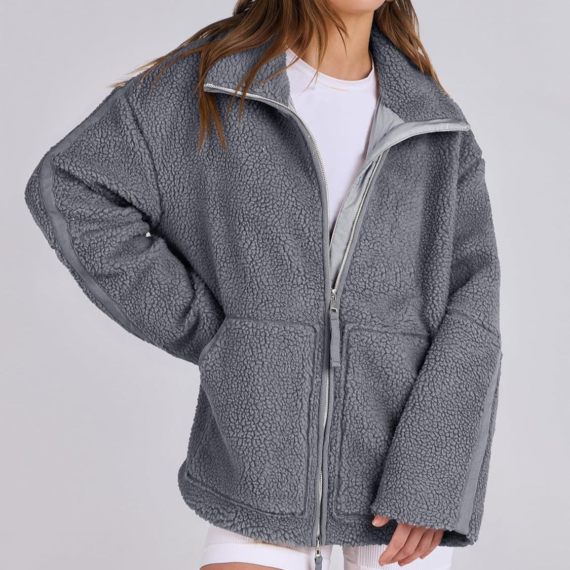 Winter Lapel Zip-up Coat With Pockets Casual Fashion Solid Fleece Jacket Fall Spring Long Sleeve Women Clothing