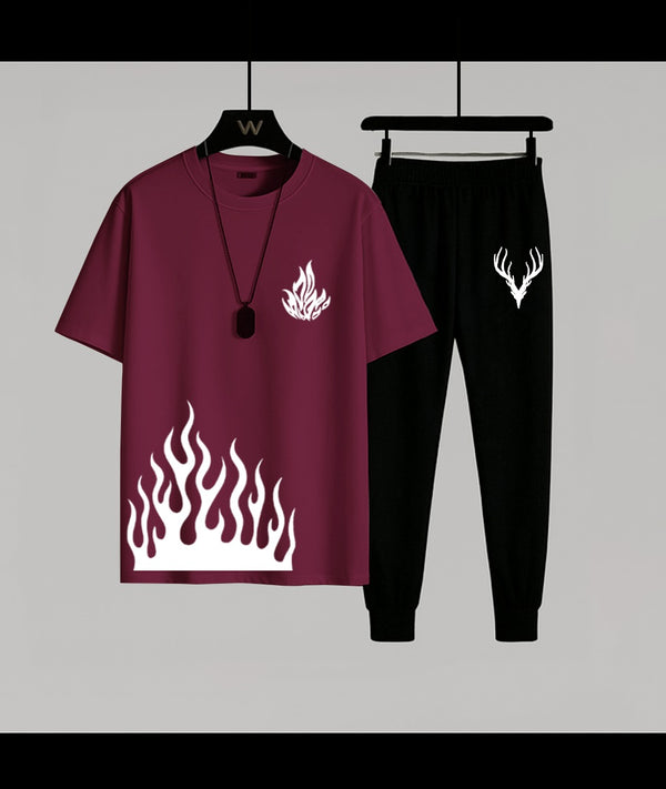 Trendy Flame Maroon T-Shirt & Trouser Combo | Super Trendz