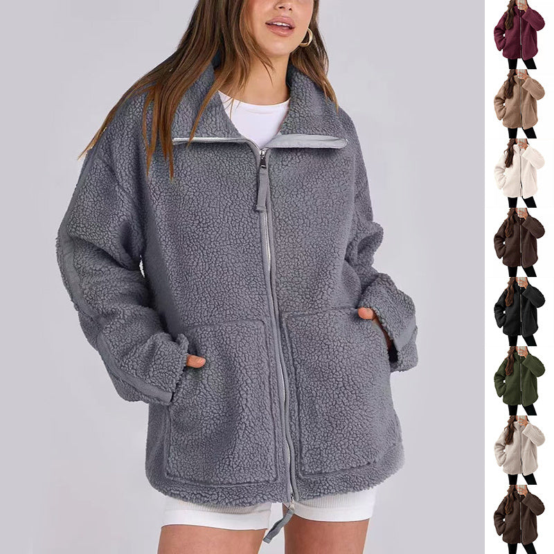 Winter Lapel Zip-up Coat With Pockets Casual Fashion Solid Fleece Jacket Fall Spring Long Sleeve Women Clothing